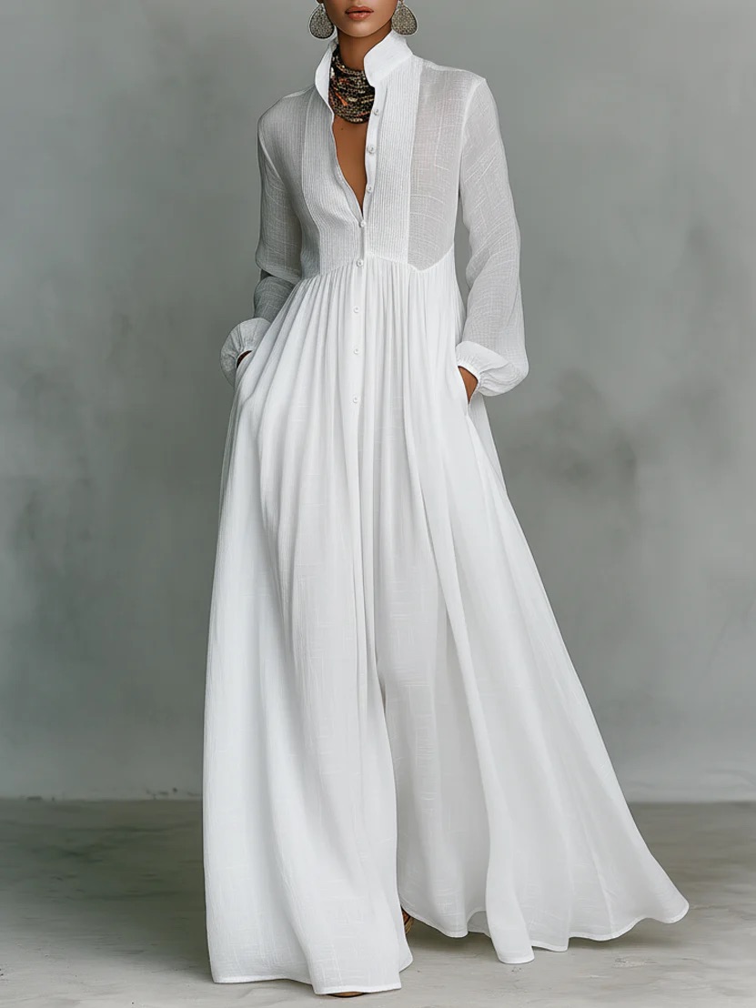 Modesees Cotton And Linen Maxi Dress With Stand-Up Collar